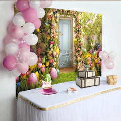Lofaris Vibrant Easter Backdrop with Colorful Floral Archway Green Grass Painted Eggs and Cute Bunny for Spring Party