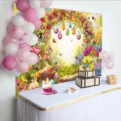 Lofaris Vibrant Easter Backdrop with Spring Flowers and Bunnies Eggs Garden Photography Background for Holiday Party Decor