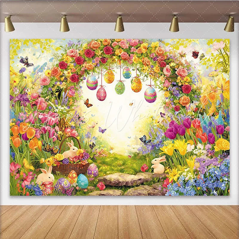 Lofaris Vibrant Easter Backdrop with Spring Flowers and Bunnies Eggs Garden Photography Background for Holiday Party Decor