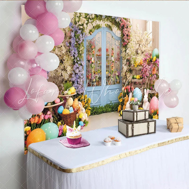 Lofaris Vibrant Easter Floral Garden Backdrop with Blue Arched Door Colorful Eggs and Cute Rabbits for Spring Party