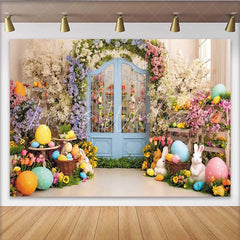 Lofaris Vibrant Easter Floral Garden Backdrop with Blue Arched Door Colorful Eggs and Cute Rabbits for Spring Party