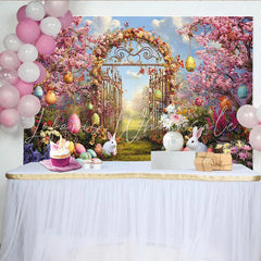 Lofaris Vibrant Easter Garden Gate Backdrop with Pink Cherry Blossoms Colorful Eggs and White Rabbits for Spring Photography