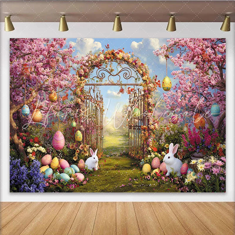Lofaris Vibrant Easter Garden Gate Backdrop with Pink Cherry Blossoms Colorful Eggs and White Rabbits for Spring Photography