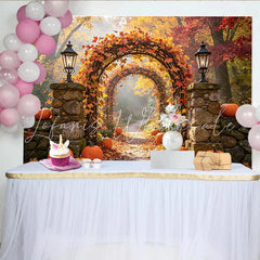 Lofaris Vibrant Fall Leaves and Pumpkins Autumn Photography Backdrop Picturesque Stone Lanterns Background for Seasonal Photoshoots