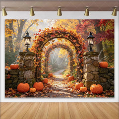 Lofaris Vibrant Fall Leaves and Pumpkins Autumn Photography Backdrop Picturesque Stone Lanterns Background for Seasonal Photoshoots
