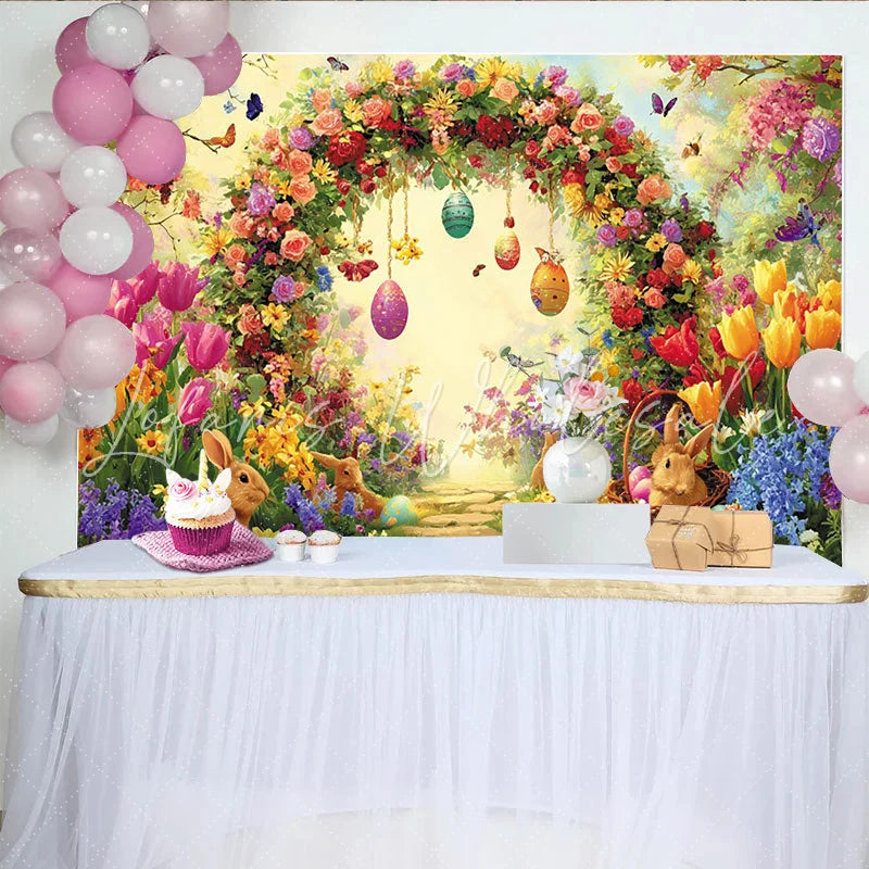 Lofaris Vibrant Floral Arch Easter Backdrop with Cute Bunnies Eggs Spring Garden Background for Holiday Party Decor