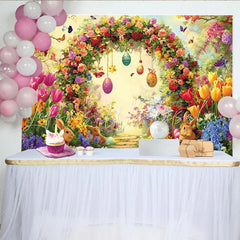 Lofaris Vibrant Floral Arch Easter Backdrop with Cute Bunnies Eggs Spring Garden Background for Holiday Party Decor