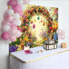 Lofaris Vibrant Floral Arch Easter Backdrop with Cute Bunnies Eggs Spring Garden Background for Holiday Party Decor