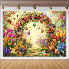 Lofaris Vibrant Floral Arch Easter Backdrop with Cute Bunnies Eggs Spring Garden Background for Holiday Party Decor