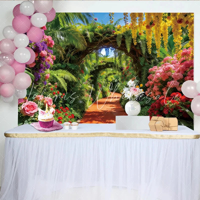 Lofaris Vibrant Floral Garden Photography Backdrop with Archway Beautiful Nature Background for Studio Photoshoots