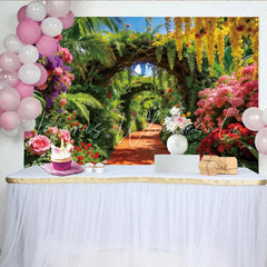 Lofaris Vibrant Floral Garden Photography Backdrop with Archway Beautiful Nature Background for Studio Photoshoots