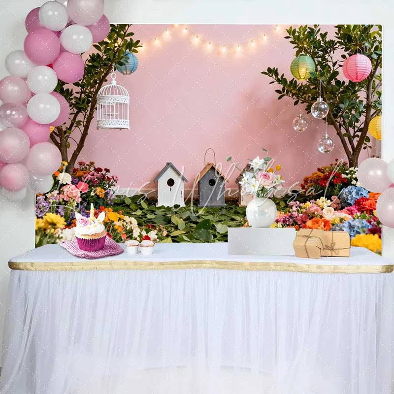 Lofaris Vibrant Floral Garden Spring Backdrop with Birdhouses and Colorful Lanterns for Baby Shower Photos