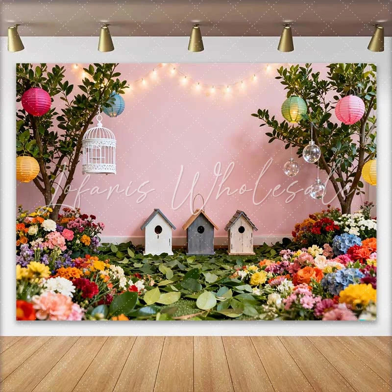 Lofaris Vibrant Floral Garden Spring Backdrop with Birdhouses and Colorful Lanterns for Baby Shower Photos