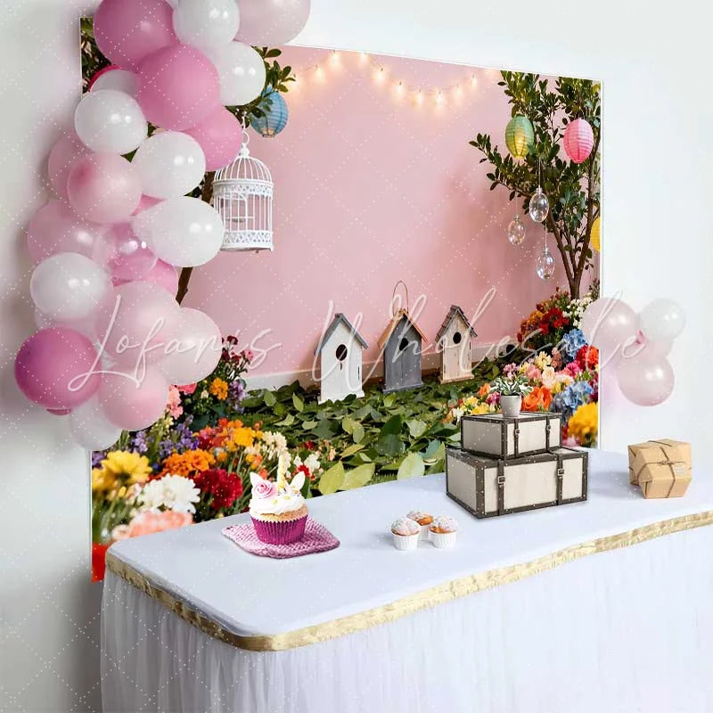 Lofaris Vibrant Floral Garden Spring Backdrop with Birdhouses and Colorful Lanterns for Baby Shower Photos