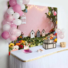 Lofaris Vibrant Floral Garden Spring Backdrop with Birdhouses and Colorful Lanterns for Baby Shower Photos