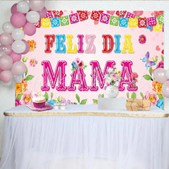 Lofaris Vibrant Floral Mothers Day Backdrop with Papel Picado Banners and Butterflies Festive Photo Background for Family Celebration