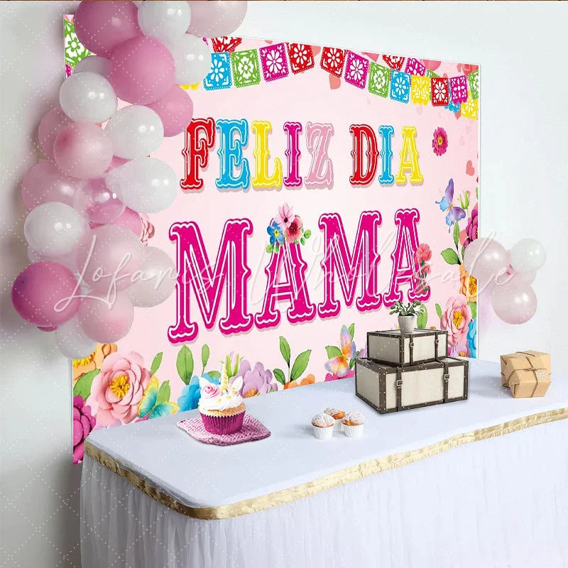 Lofaris Vibrant Floral Mothers Day Backdrop with Papel Picado Banners and Butterflies Festive Photo Background for Family Celebration