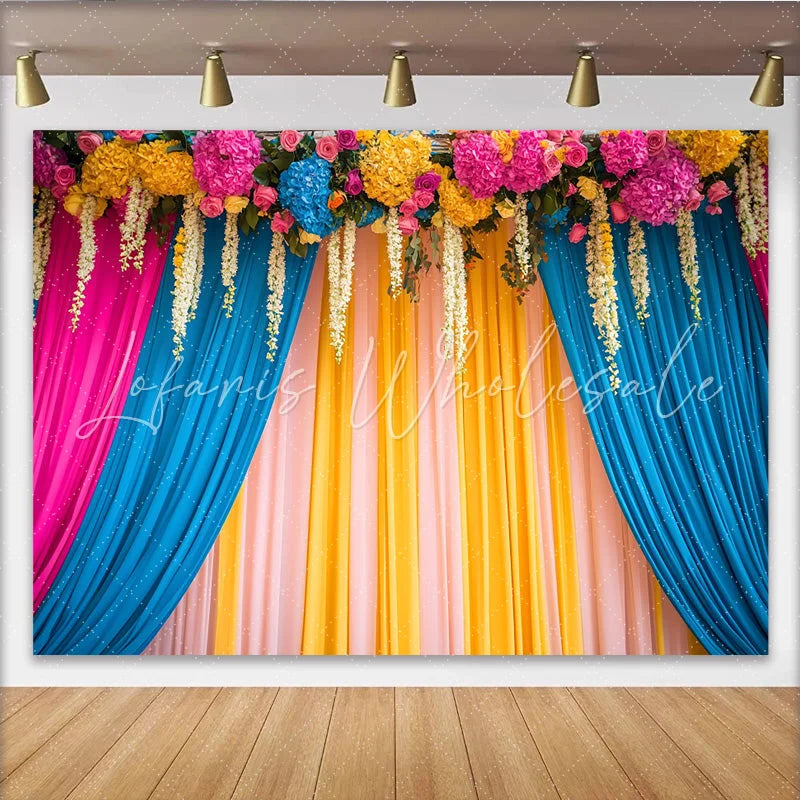 Lofaris Vibrant Floral Stage Backdrop Pink Blue Yellow Curtains with Flower Header Event Banner