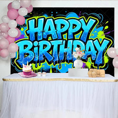 Lofaris Vibrant Graffiti Happy Birthday Backdrop with Blue and Green Paint Urban Style Photo Booth Prop for Party Decor