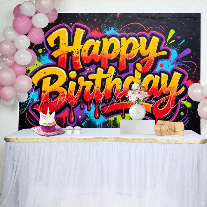 Lofaris Vibrant Graffiti Happy Birthday Backdrop with Colorful Paint Splatters Dynamic Urban Style Photo Booth Prop for Celebration