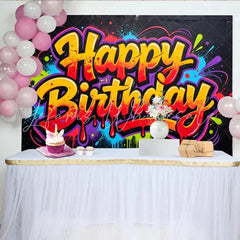 Lofaris Vibrant Graffiti Happy Birthday Backdrop with Colorful Paint Splatters Dynamic Urban Style Photo Booth Prop for Celebration