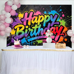 Lofaris Vibrant Graffiti Happy Birthday Backdrop with Colorful Paint Splatters Modern Street Art Background for Party Decor and Photoshoot