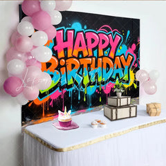 Lofaris Vibrant Graffiti Happy Birthday Backdrop with Neon Colors Urban Street Art Background for Party Decor and Photoshoot