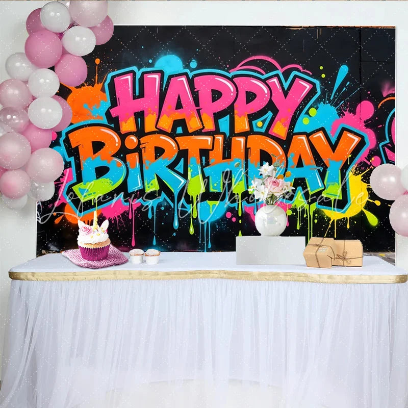 Lofaris Vibrant Graffiti Happy Birthday Backdrop with Neon Colors Urban Street Art Background for Party Decor and Photoshoot