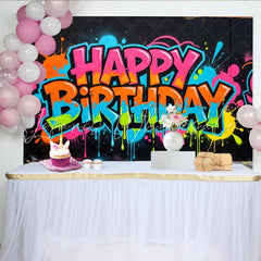 Lofaris Vibrant Graffiti Happy Birthday Backdrop with Neon Colors Urban Street Art Background for Party Decor and Photoshoot