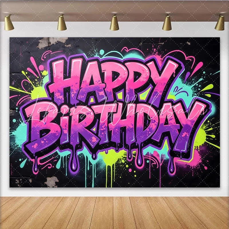 Lofaris Vibrant Graffiti Happy Birthday Backdrop with Neon Splatters Cool Hip Hop Party Background for Photo Booth Decor