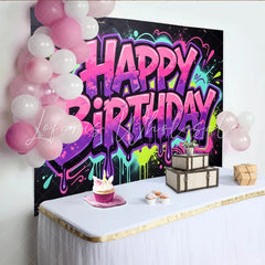 Lofaris Vibrant Graffiti Happy Birthday Backdrop with Neon Splatters Cool Hip Hop Party Background for Photo Booth Decor