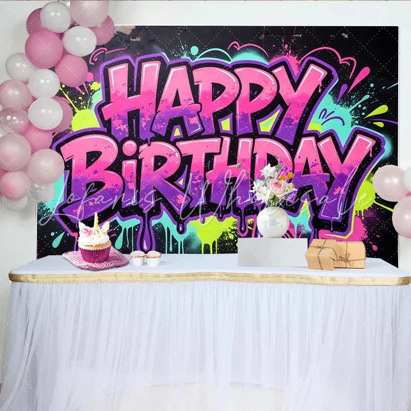 Lofaris Vibrant Graffiti Happy Birthday Backdrop with Neon Splatters Cool Hip Hop Party Background for Photo Booth Decor
