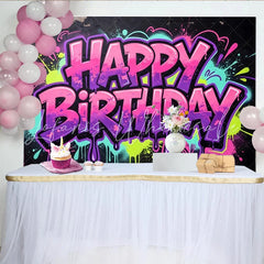 Lofaris Vibrant Graffiti Happy Birthday Backdrop with Neon Splatters Cool Hip Hop Party Background for Photo Booth Decor