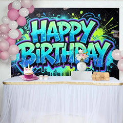 Lofaris Vibrant Graffiti Happy Birthday Backdrop with Paint Splatter Colorful Street Art Style Photo Background for Party Decor
