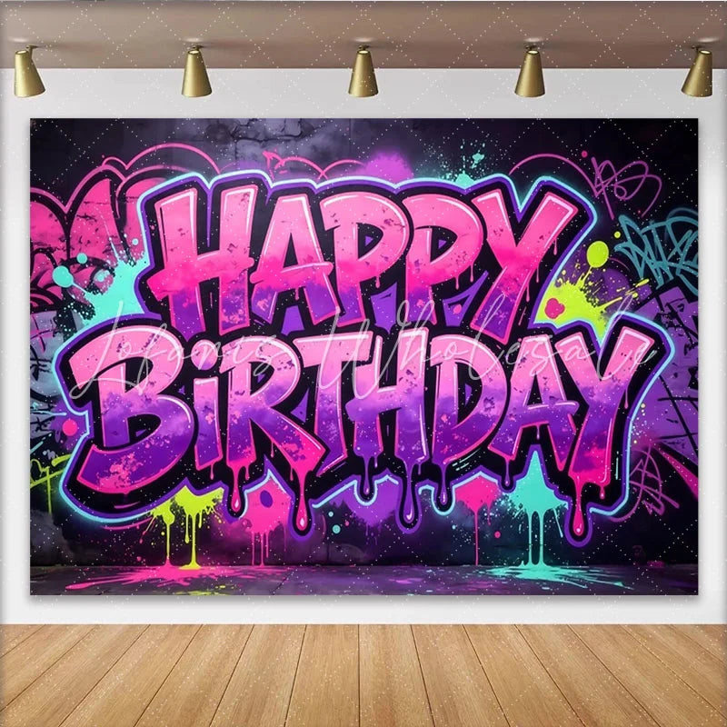 Lofaris Vibrant Graffiti Happy Birthday Backdrop with Pink and Purple Splatters Urban Style Party Decor for Celebration Photoshoot