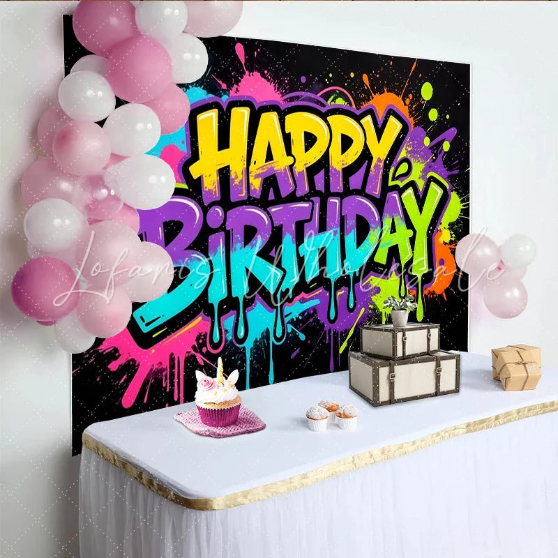 Lofaris Vibrant Graffiti Neon Happy Birthday Backdrop with Paint Splatter Design Modern Photo Booth Background for Celebration