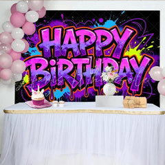 Lofaris Vibrant Graffiti Neon Happy Birthday Backdrop with Paint Splatters and Drips Colorful Party Background for Celebrations