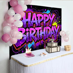Lofaris Vibrant Graffiti Neon Happy Birthday Backdrop with Paint Splatters and Drips Colorful Party Background for Celebrations