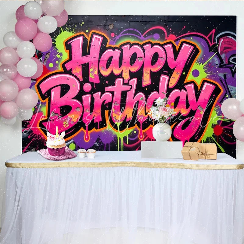 Lofaris Vibrant Graffiti Neon Happy Birthday Backdrop with Paint Splatters Urban Party Background for Photoshoot Decor