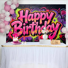 Lofaris Vibrant Graffiti Neon Happy Birthday Backdrop with Paint Splatters Urban Party Background for Photoshoot Decor