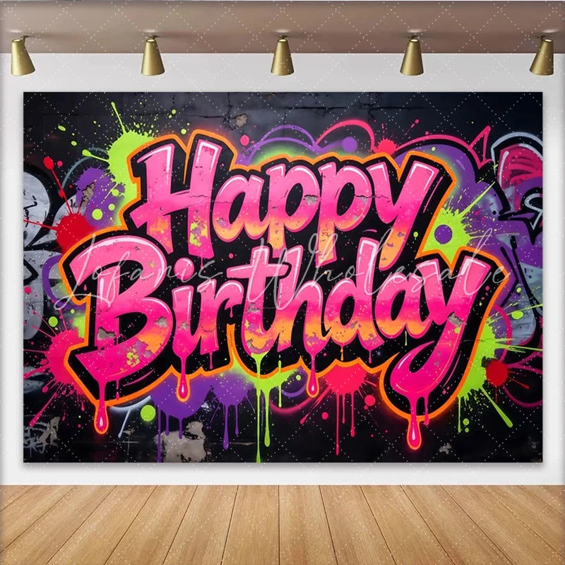 Lofaris Vibrant Graffiti Neon Happy Birthday Backdrop with Paint Splatters Urban Party Background for Photoshoot Decor