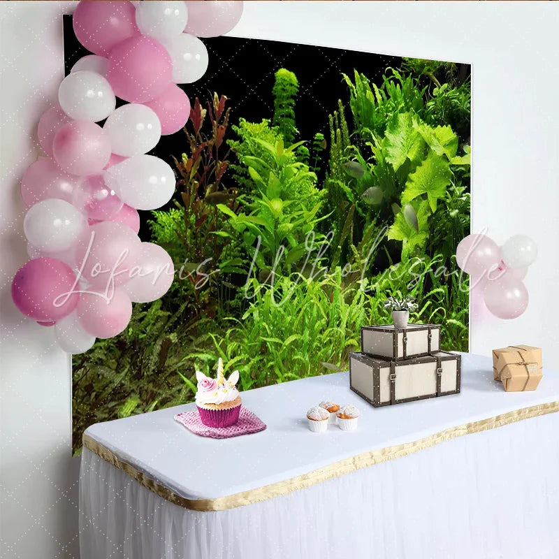 Lofaris Vibrant Green Aquarium Photography Backdrop with Lush Aquatic Plants and Small Fish Realistic Underwater Scene for Studio Photoshoot
