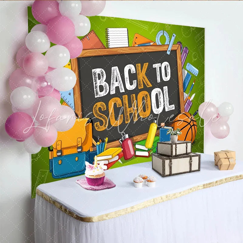 Lofaris Vibrant Green Back to School Backdrop with Blackboard and Supplies Classroom Photography Background for Students