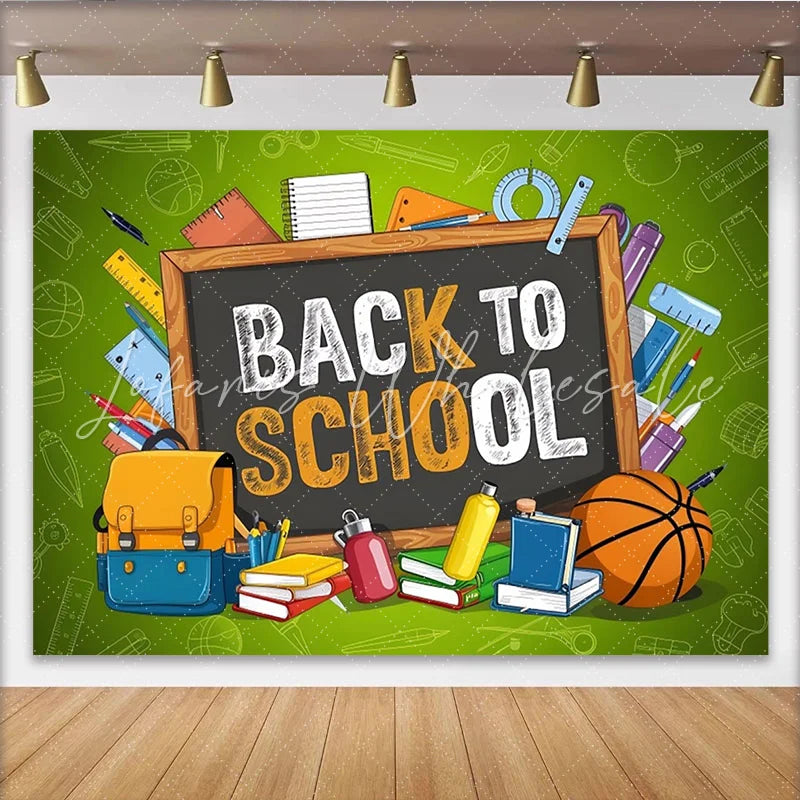 Lofaris Vibrant Green Back to School Backdrop with Blackboard and Supplies Classroom Photography Background for Students