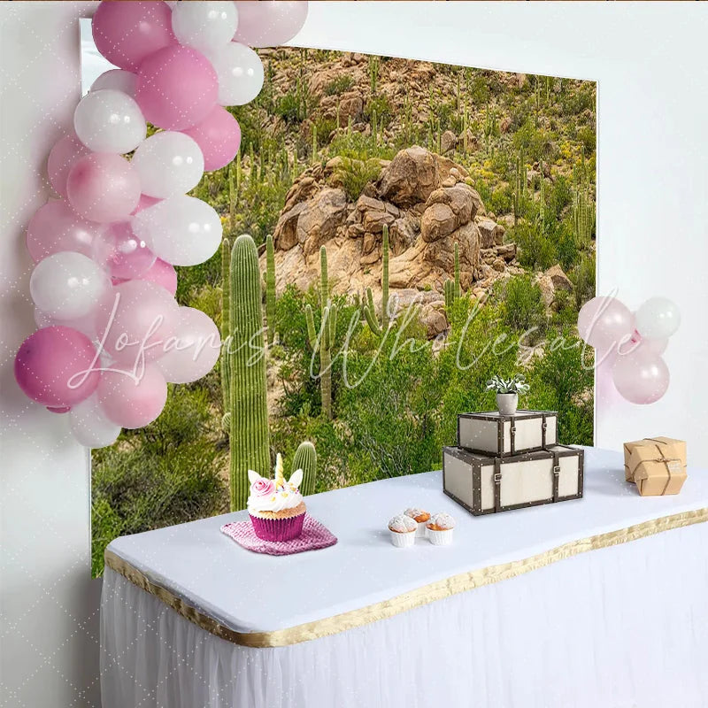 Lofaris Vibrant Green Desert Cactus Photography Backdrop with Rocks and Natural Landscape Scenic Studio Background for Outdoor Photoshoot
