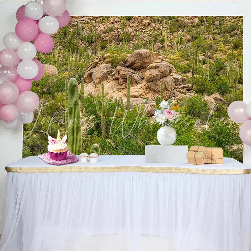 Lofaris Vibrant Green Desert Cactus Photography Backdrop with Rocks and Natural Landscape Scenic Studio Background for Outdoor Photoshoot