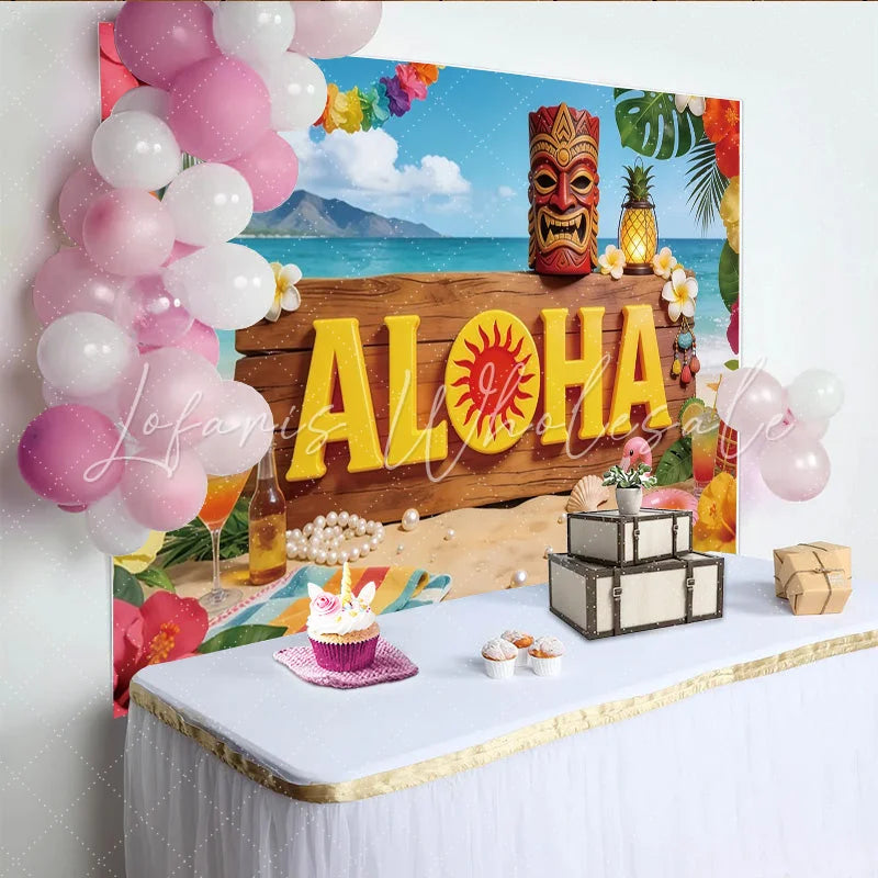 Lofaris Vibrant Hawaiian Holiday Backdrop with Aloha Sign and Tiki Mask Tropical Beach Party Background for Summer Photoshoot