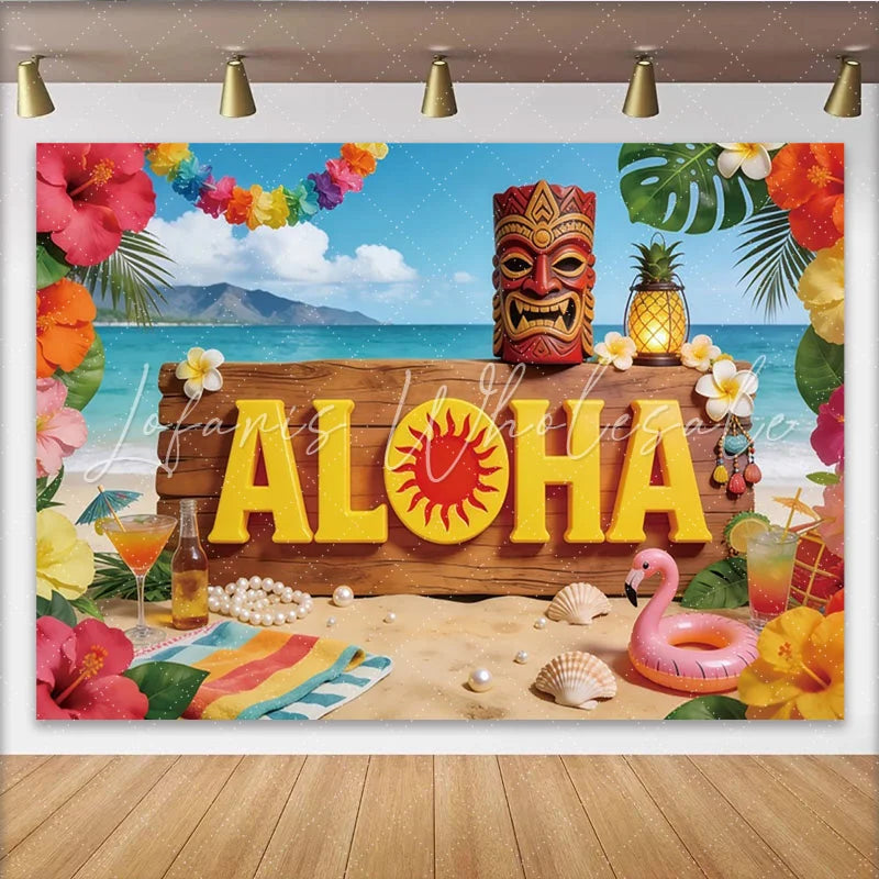 Lofaris Vibrant Hawaiian Holiday Backdrop with Aloha Sign and Tiki Mask Tropical Beach Party Background for Summer Photoshoot