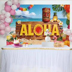 Lofaris Vibrant Hawaiian Holiday Backdrop with Aloha Sign and Tiki Mask Tropical Beach Party Background for Summer Photoshoot