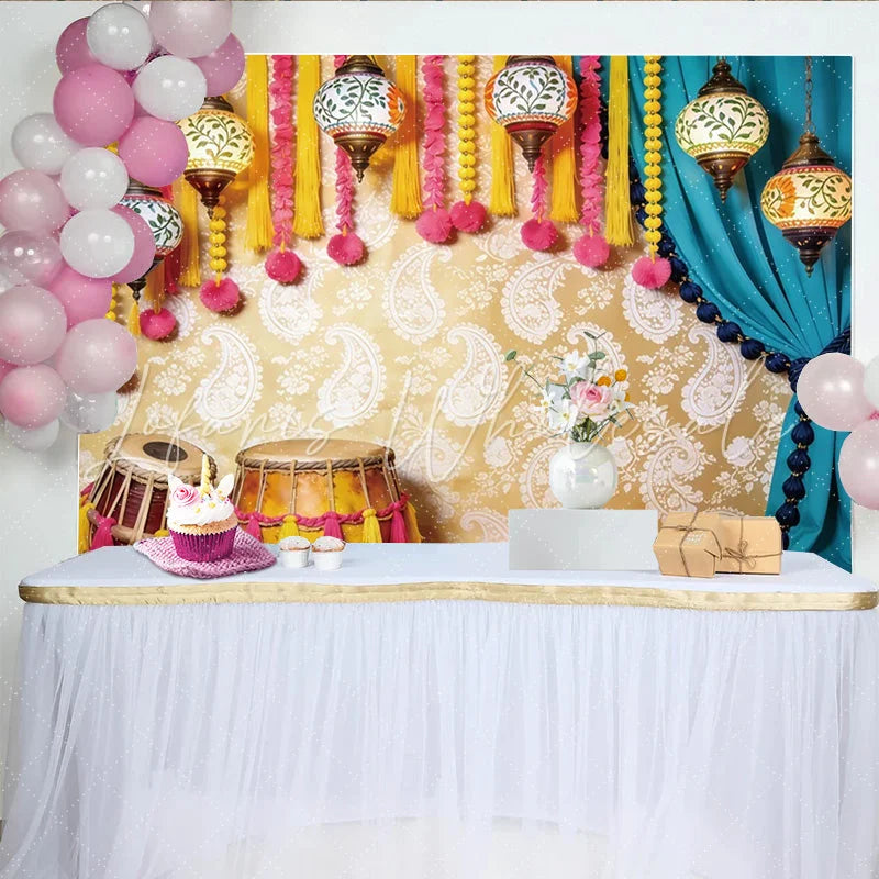 Lofaris Vibrant Indian Cultural Photography Backdrop with Ornate Lanterns and Drums Golden Paisley Background for Festive Event Decor